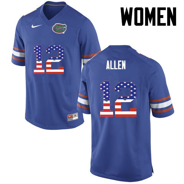 Florida Gators Women #12 Jake Allen College Football USA Flag Fashion Blue